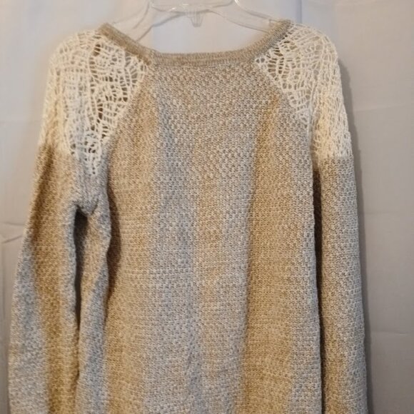PINK ROSE Crochet Scoop neck Sweater Top S Oatmeal Beige Lace inset shoulder - Picture 6 of 8